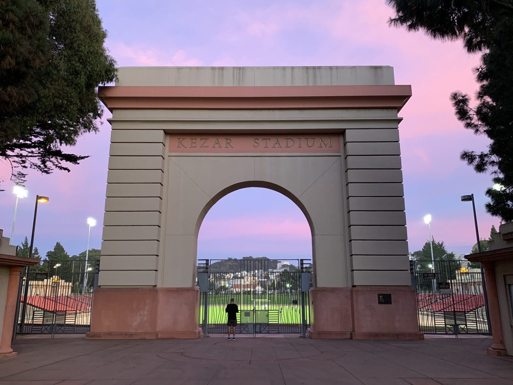 Kezar Stadium arch at dusk
