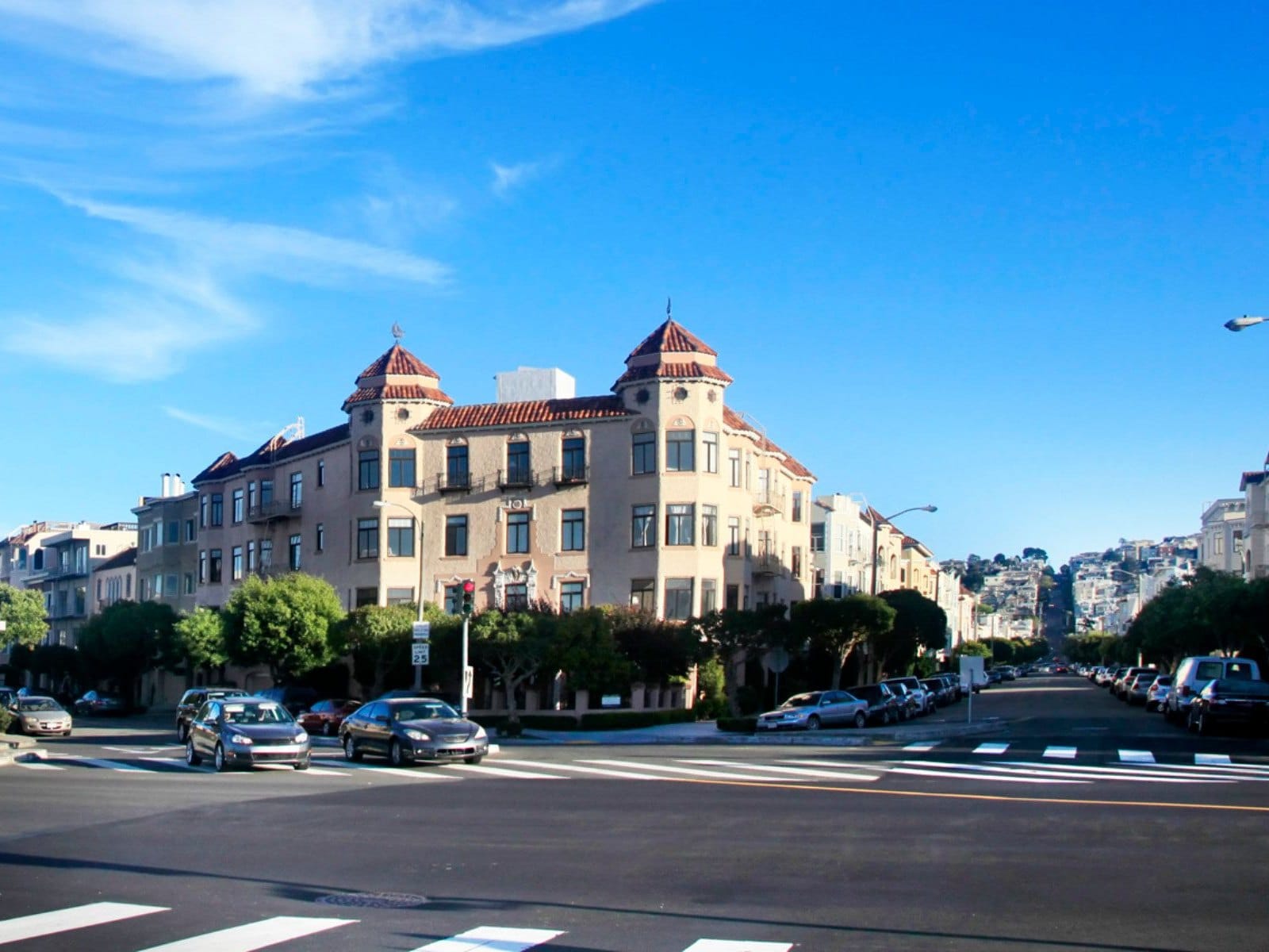 A Mediterranean-style Marina apartment building on a corner