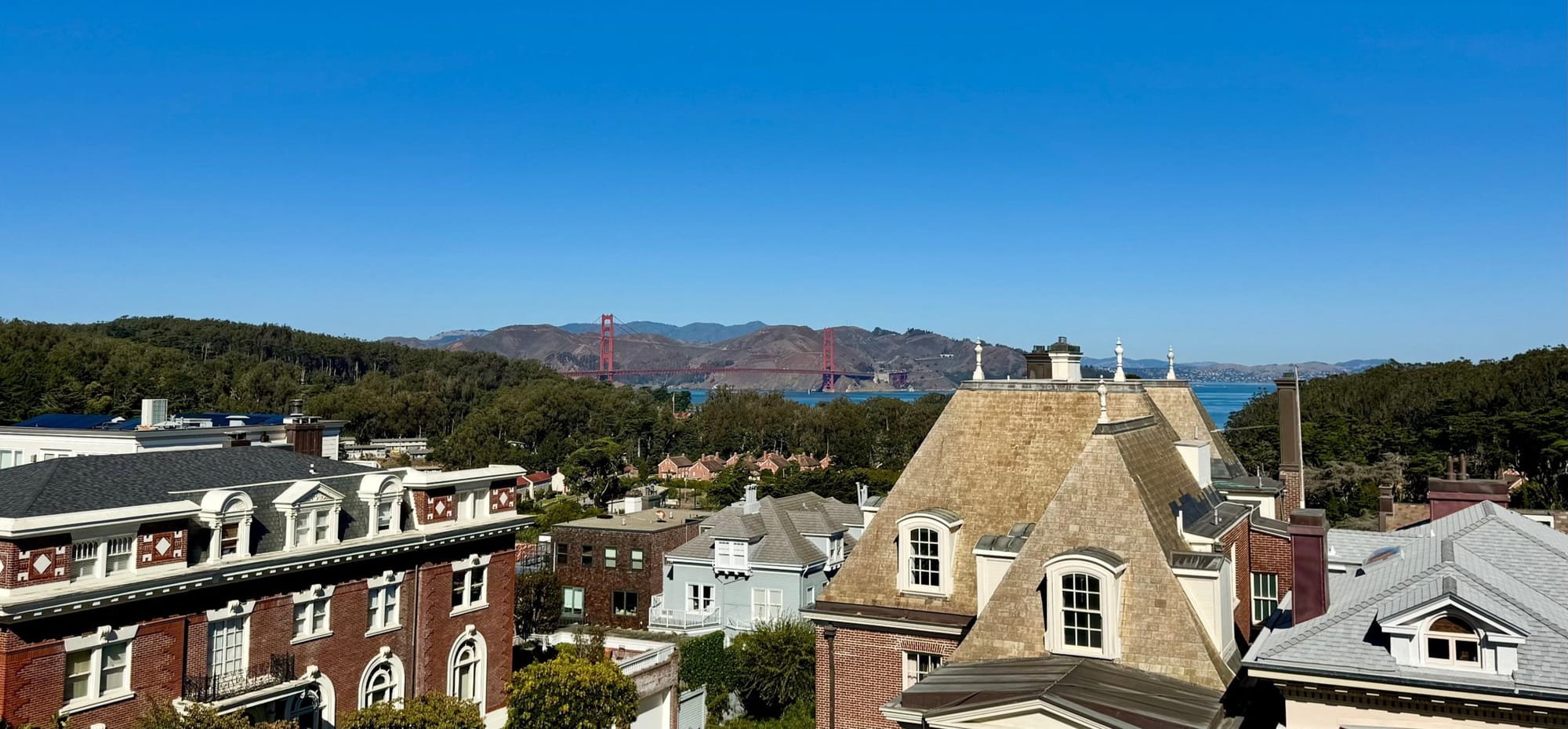 Golden Gate Bridge beyond the Presidio forest, seen over Presidio Heights rooftops