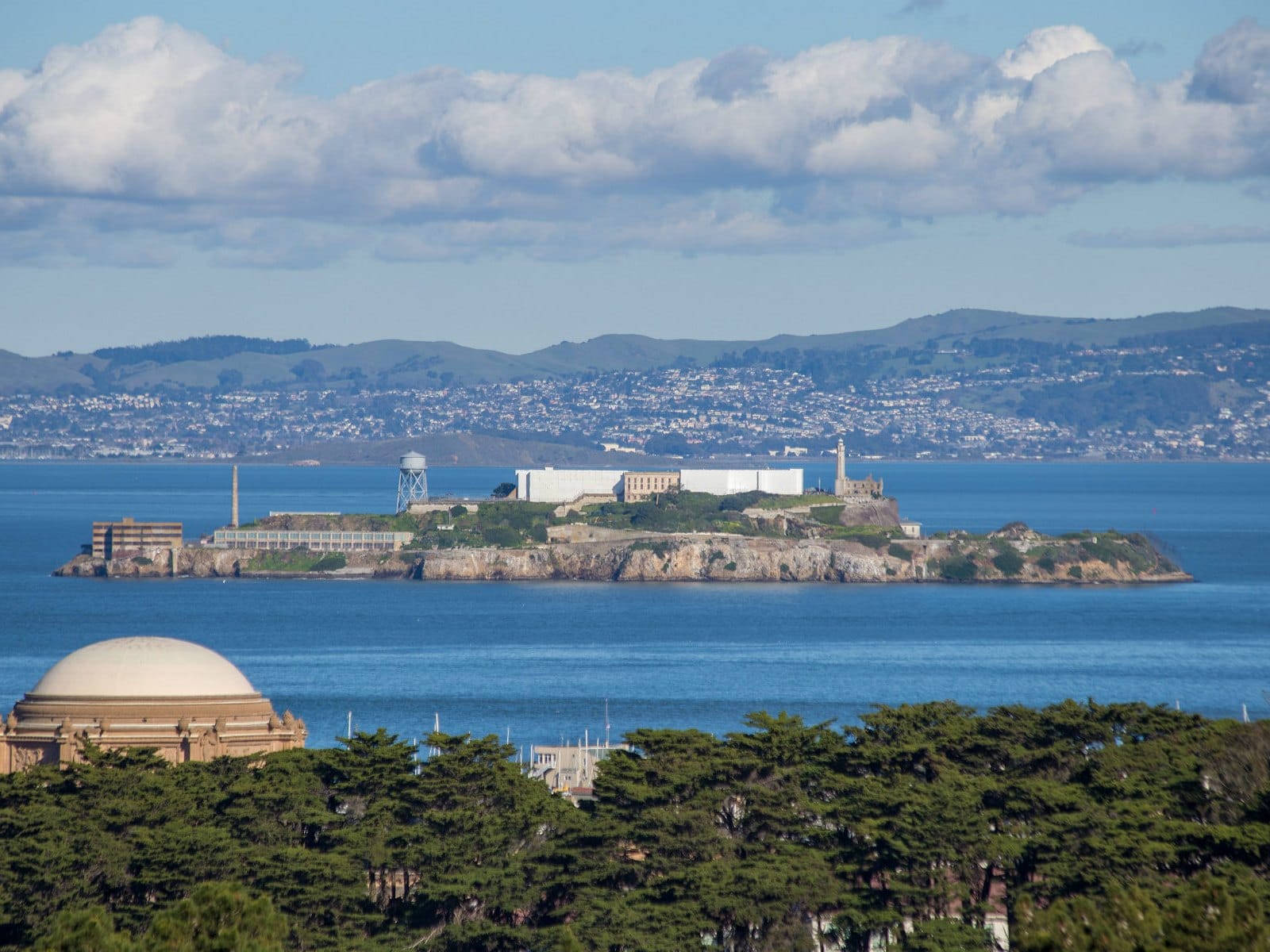 View from Presidio Heights over the Palace of Fine Arts dome to Alcatraz