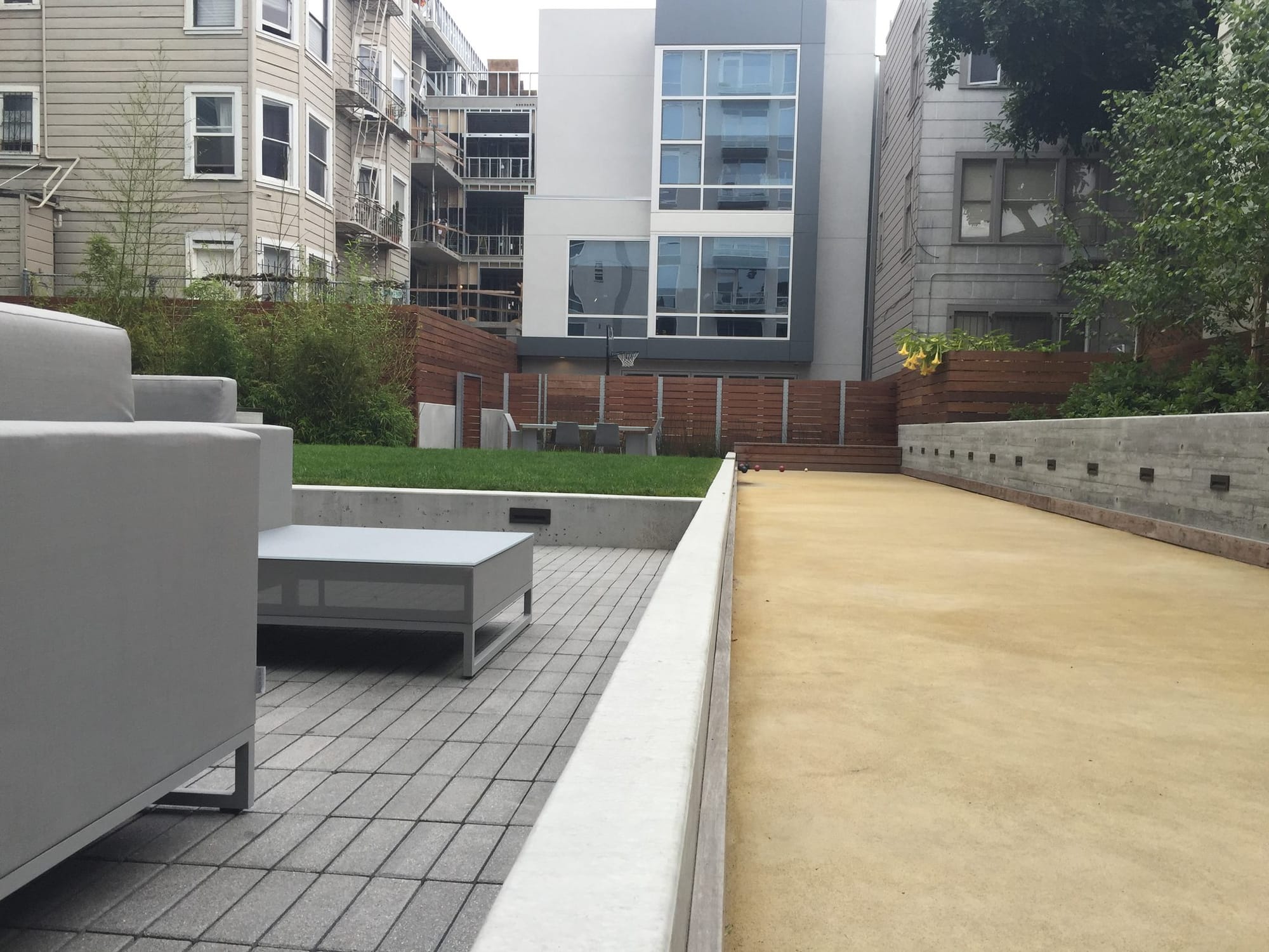 The bocce court in The Marlow courtyard