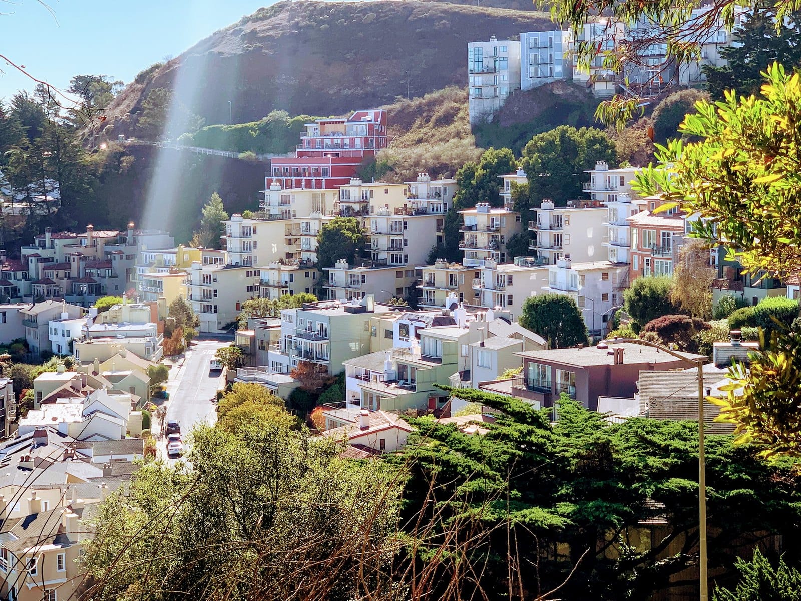 Hillside condos and homes on the slopes of Twin Peaks