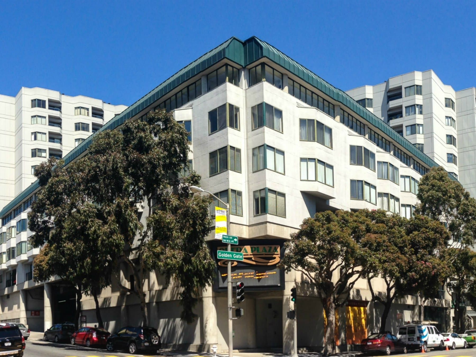 Opera Plaza and its marquee on Golden Gate Avenue