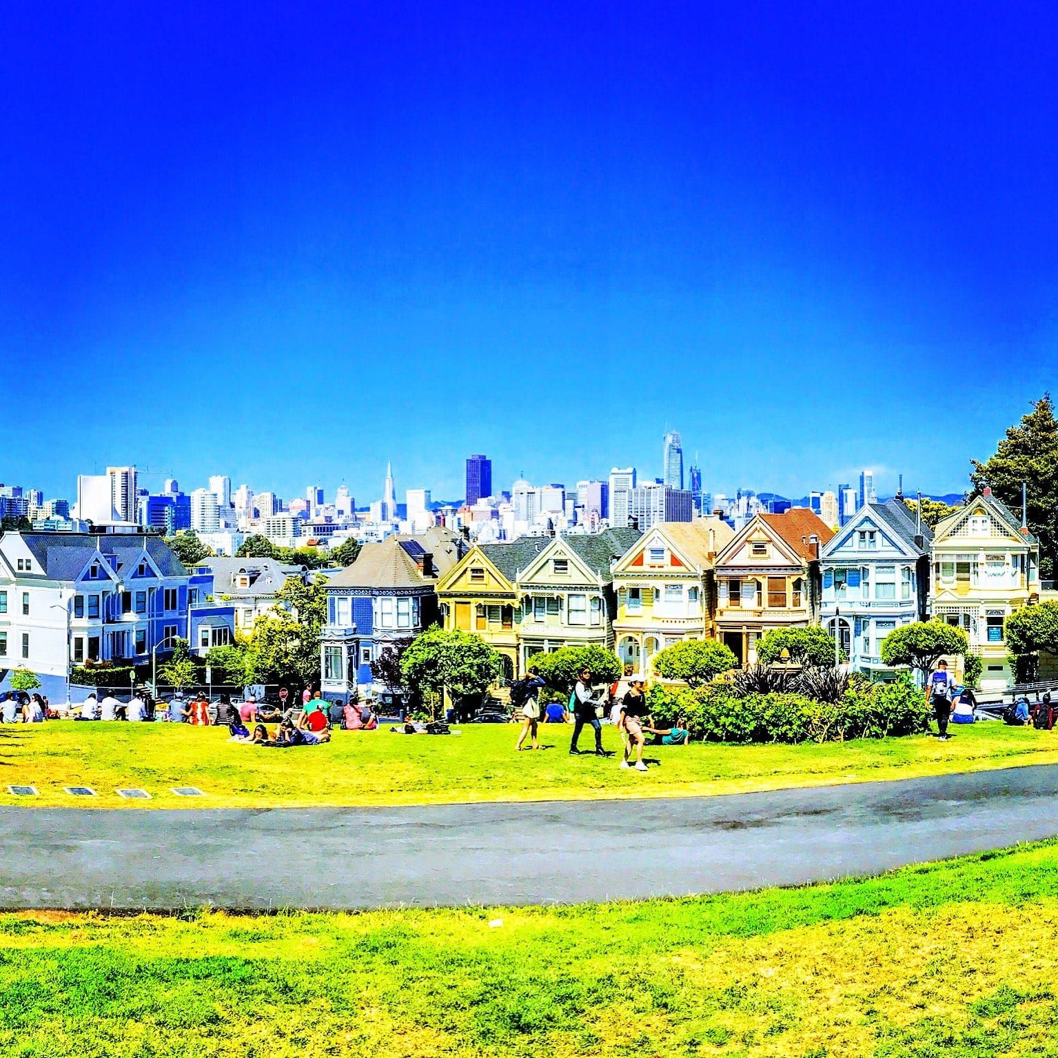 The Painted Ladies on Alamo Square with the San Francisco skyline