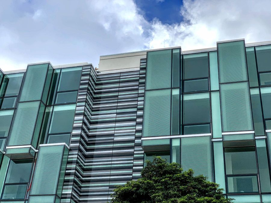 The modern facade of 555 Fulton in Hayes Valley