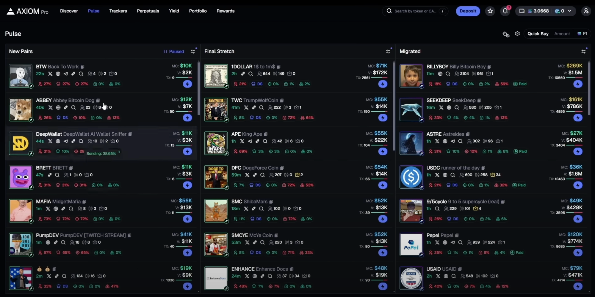 Axiom PRO dashboard with a list of crypto coins