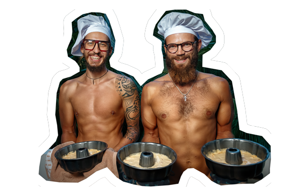 two topless men holding a plate of food