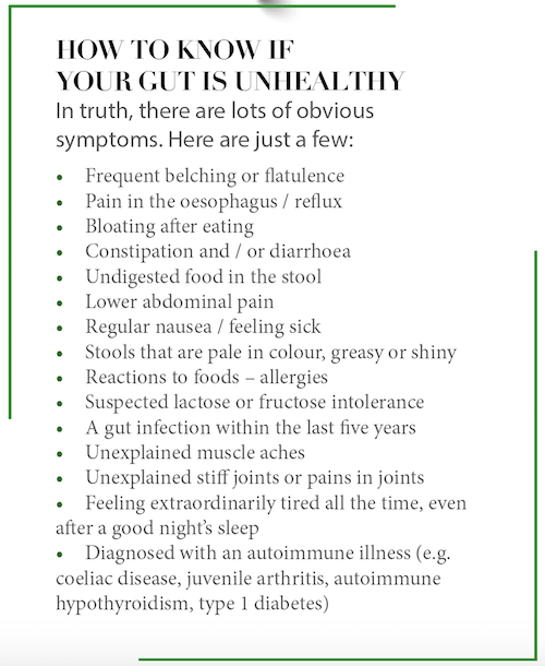 This is a box-out explaining the symptoms of an unhealthy gut, such as bloating, constipation and unexplained muscle aches