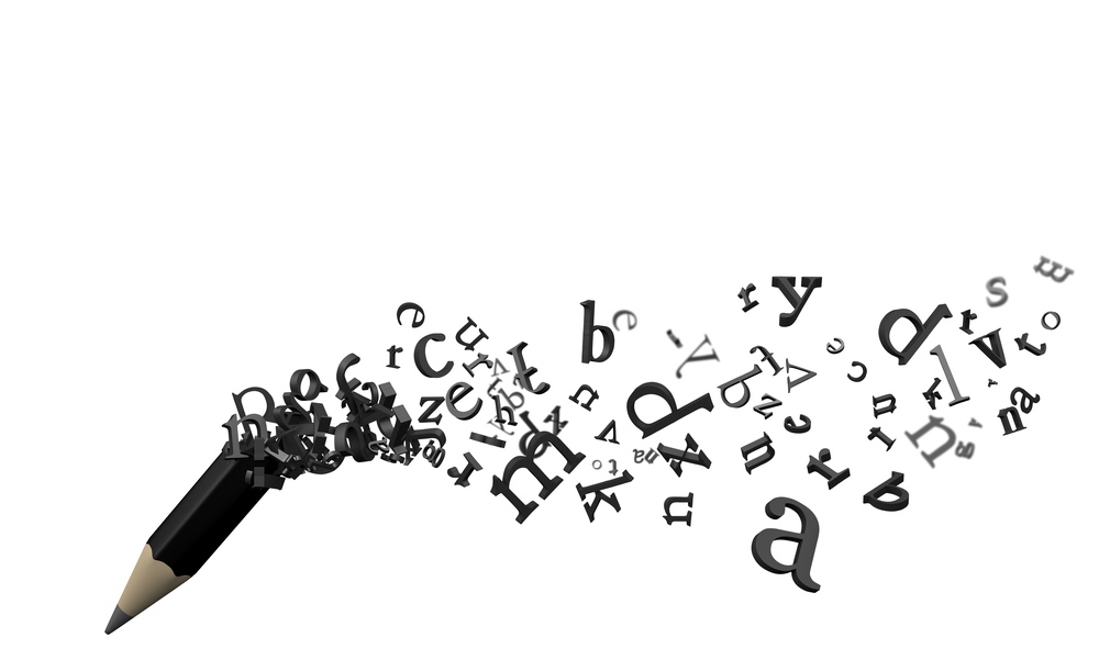 This is an image of a pencil with letters coming out of it