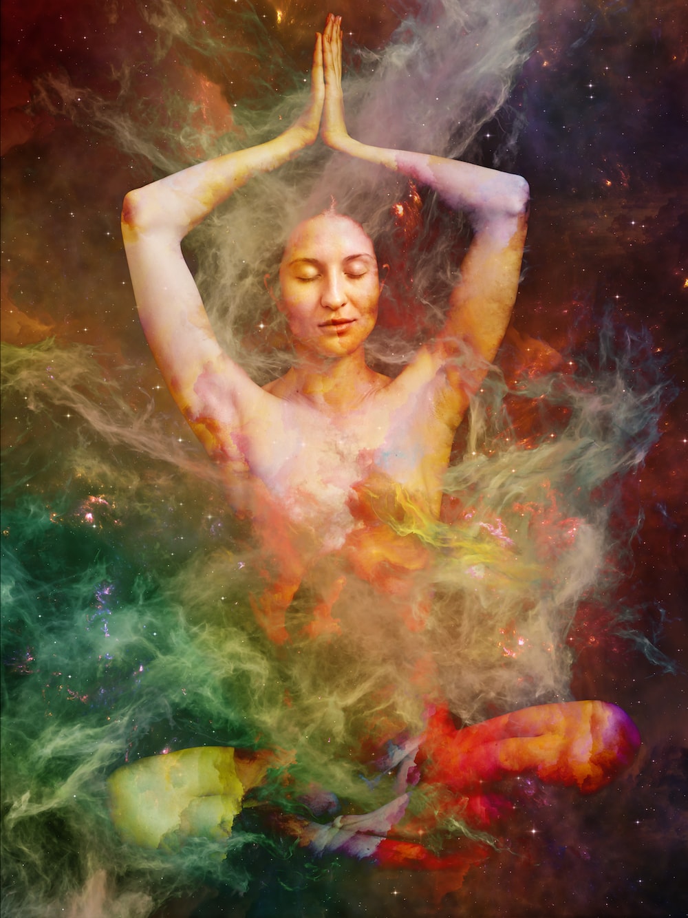 Image of a woman feeling at one with the universe in an surreal art illustration