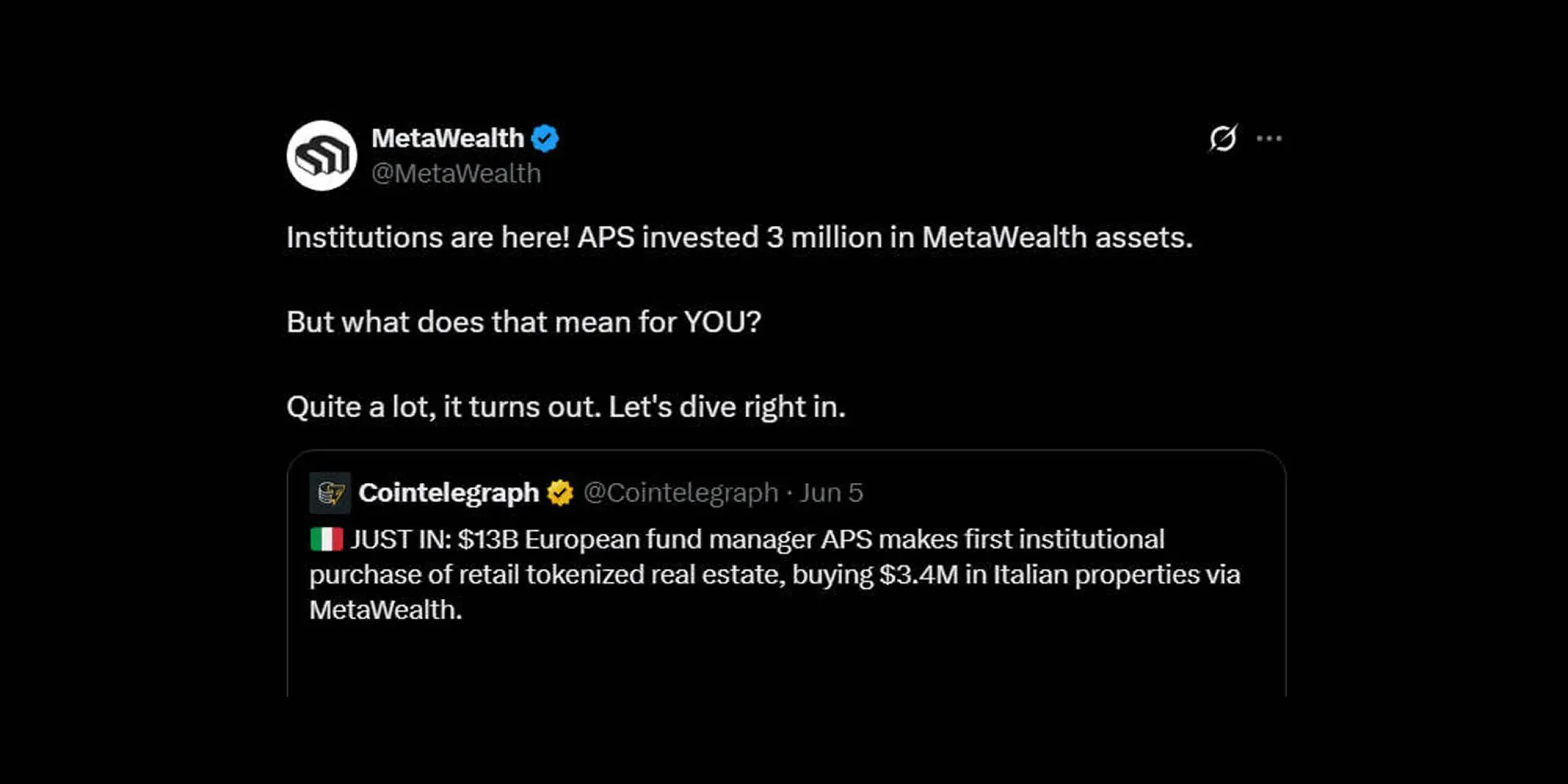 MetaWealth’s official partnership tweet with APS fund for tokenized real estate investments in Europe.
