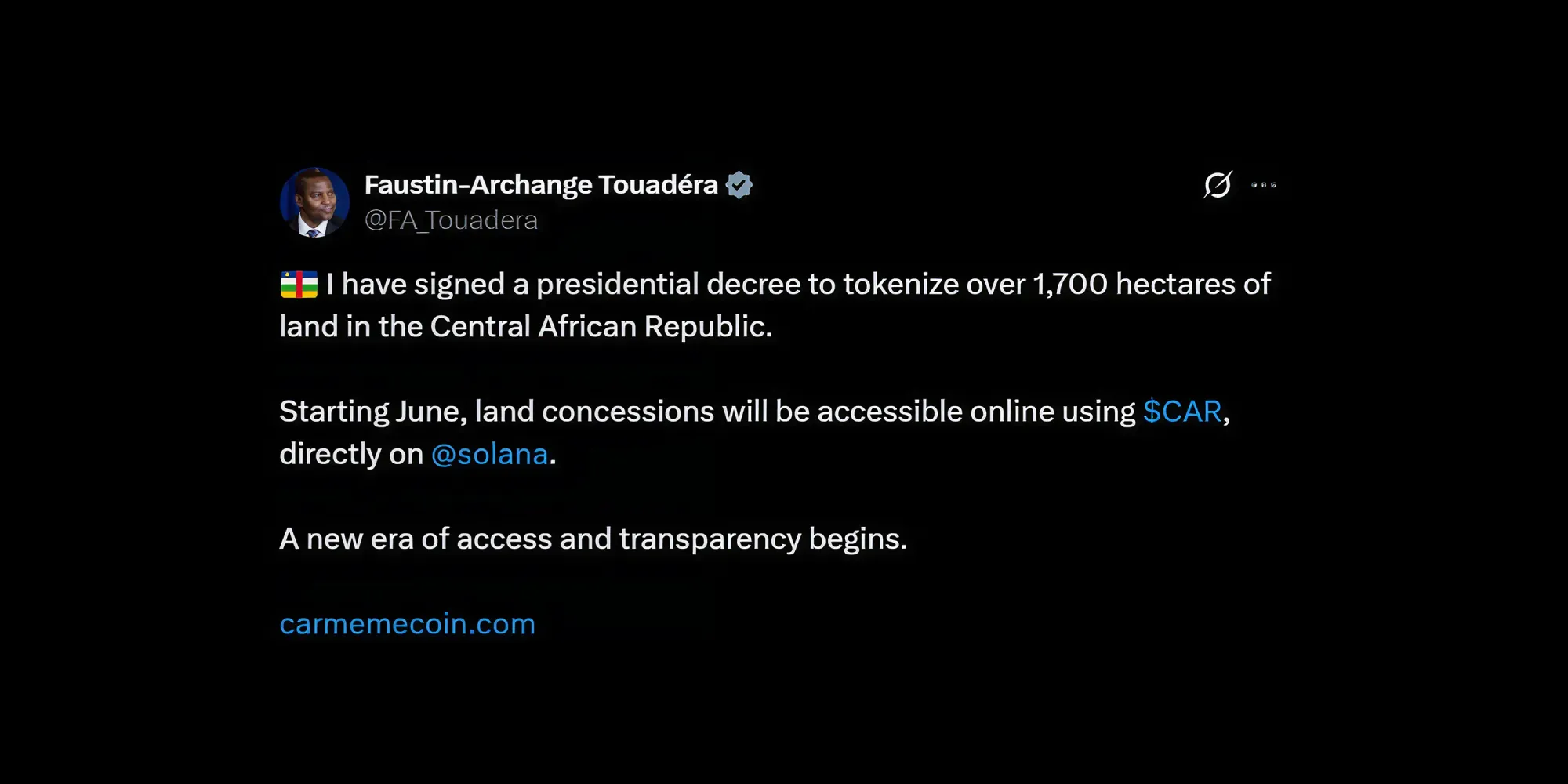 Official tweet announcing the tokenization of 1,700 hectares of land in the Central African Republic.