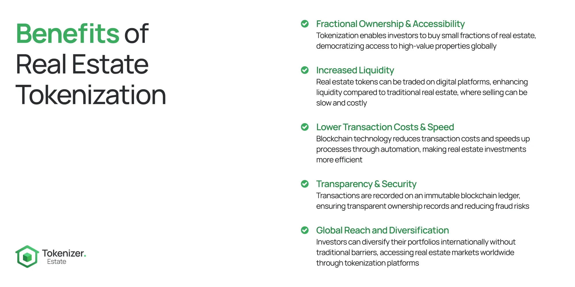 Infographic outlining the benefits of real estate tokenization, including fractional ownership, liquidity, global access, transparency, and lower transaction costs.