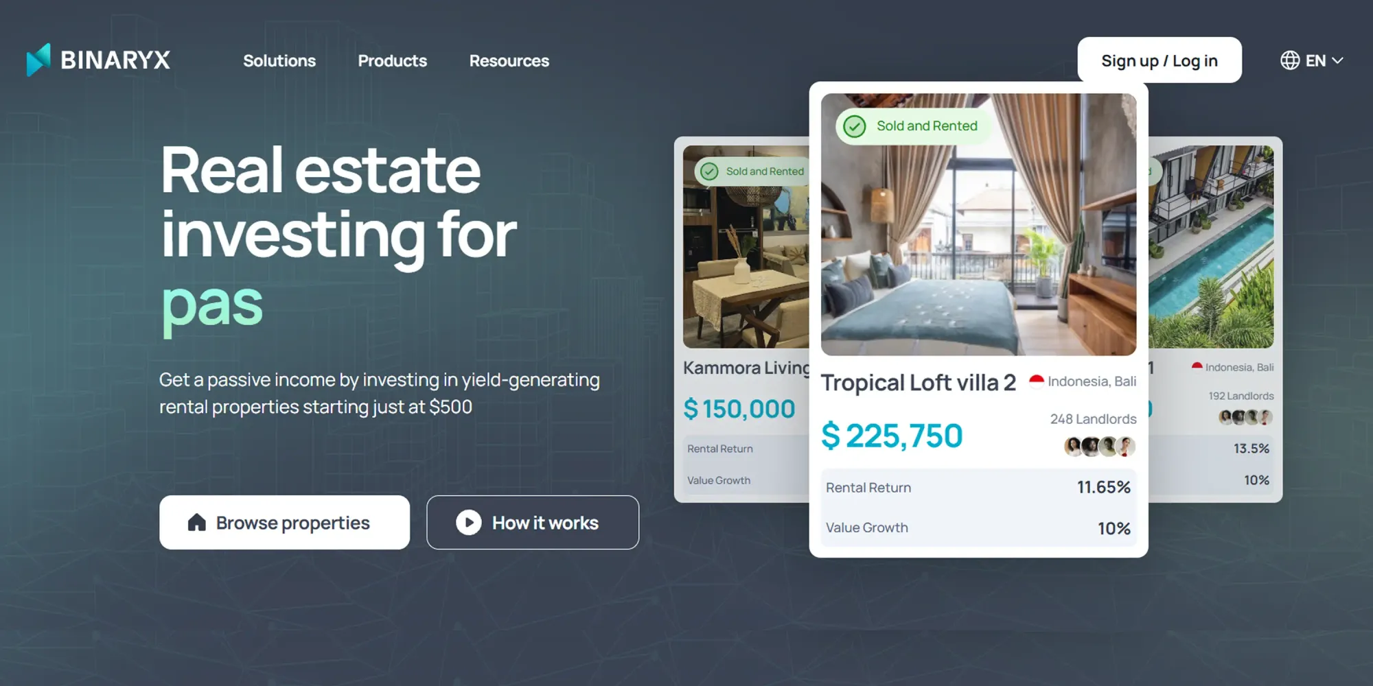 Screenshot from Binaryx’s real estate marketplace showing luxury villa investments with real-time rental payout features