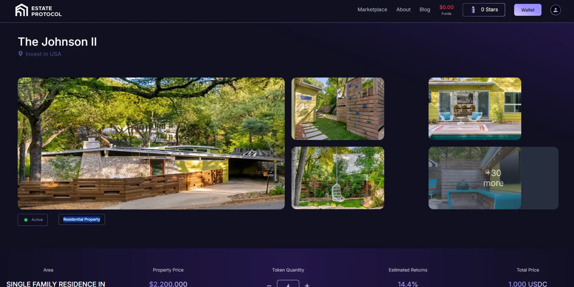 Screenshot of Estate Protocol’s tokenized property listings on the Arbitrum network, featuring premium Dubai real estate.