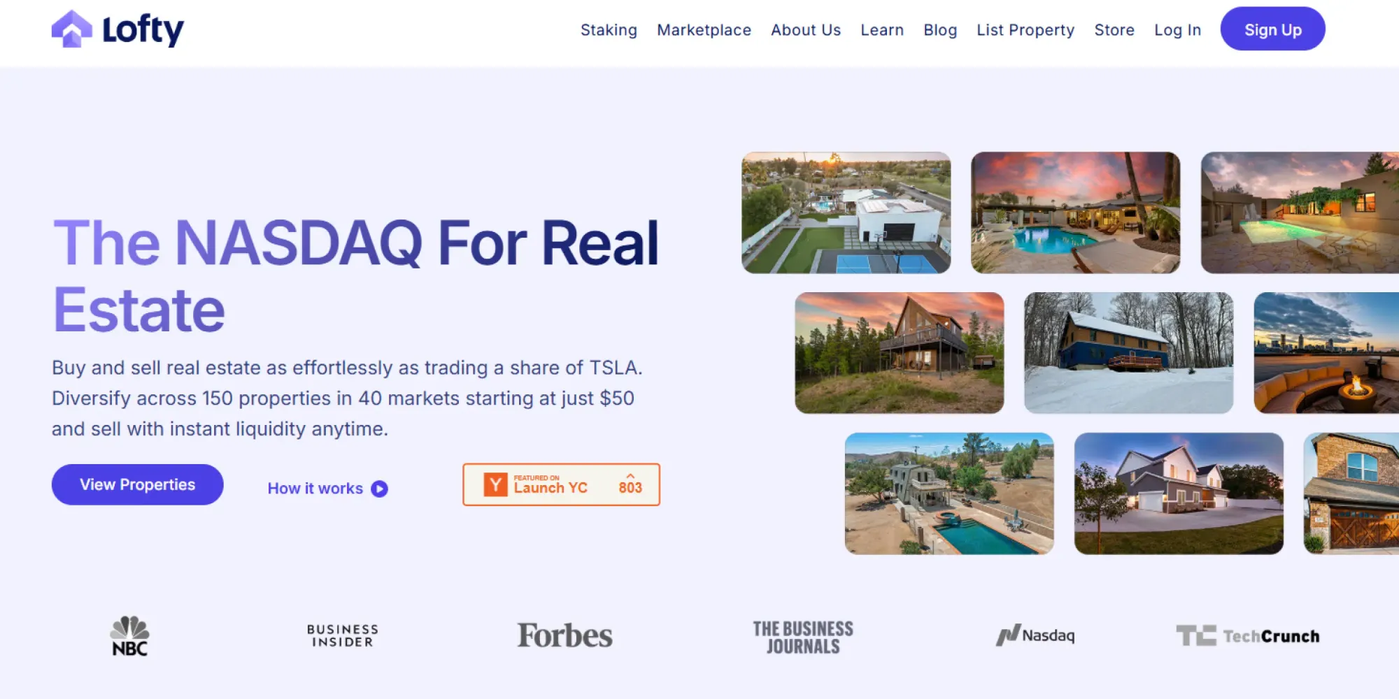 Screenshot of Lofty.ai platform interface highlighting fractional investment in U.S. rental homes and instant resale options.