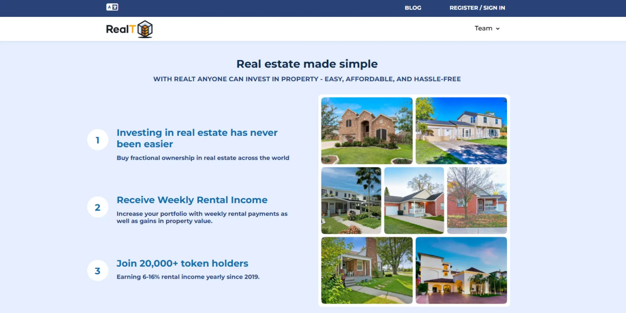 Screenshot of RealT's investor dashboard showcasing tokenized rental properties and rental income distribution in USDC.