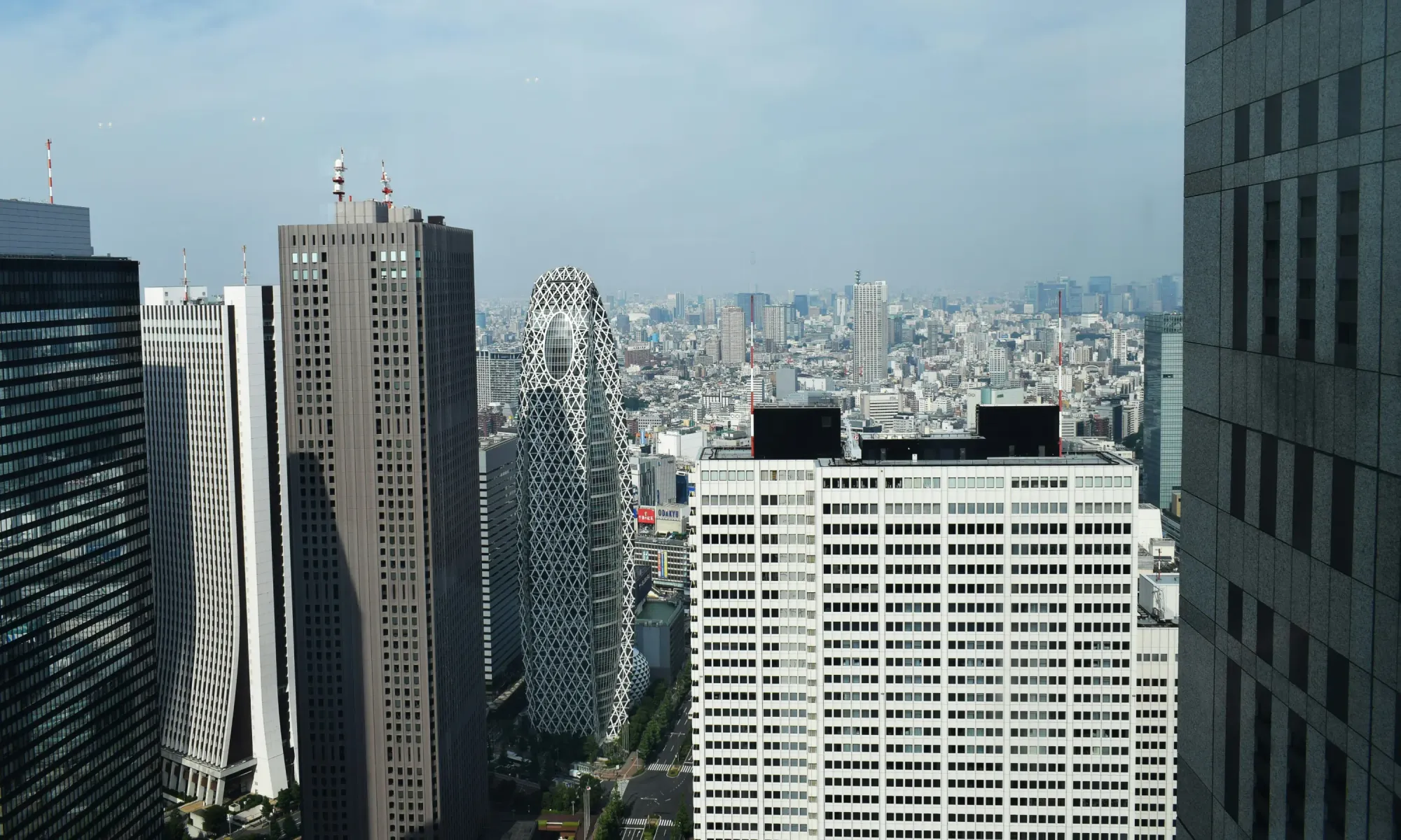 Shinjuku skyline in Tokyo – panoramic view of the business district with skyscrapers, including the Mode Gakuen Cocoon Tower, against a dense urban backdrop