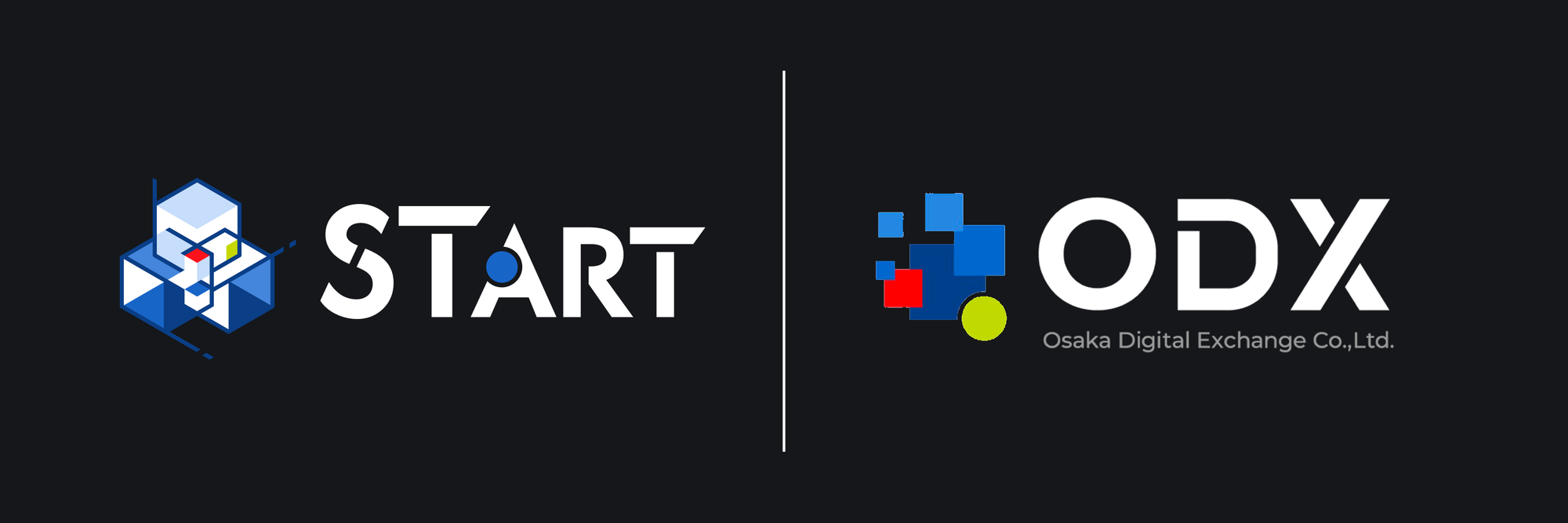START and Osaka Digital Exchange (ODX) logos – “START” and “ODX” text with bright blue, red, and green geometric elements, separated by a vertical line, on a black background.