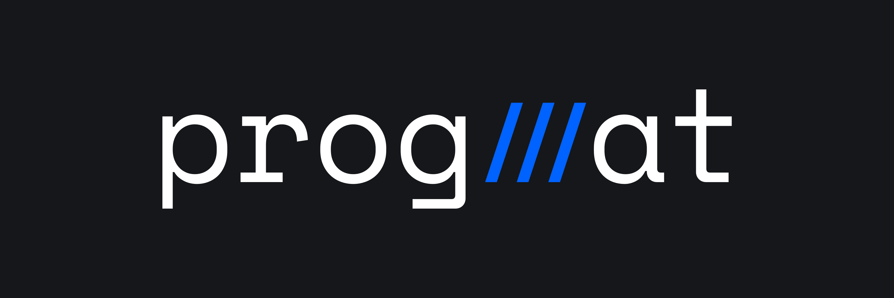 Progmat logo – white text “progmat” with three blue diagonal stripes replacing the letter “m”, on a black background.