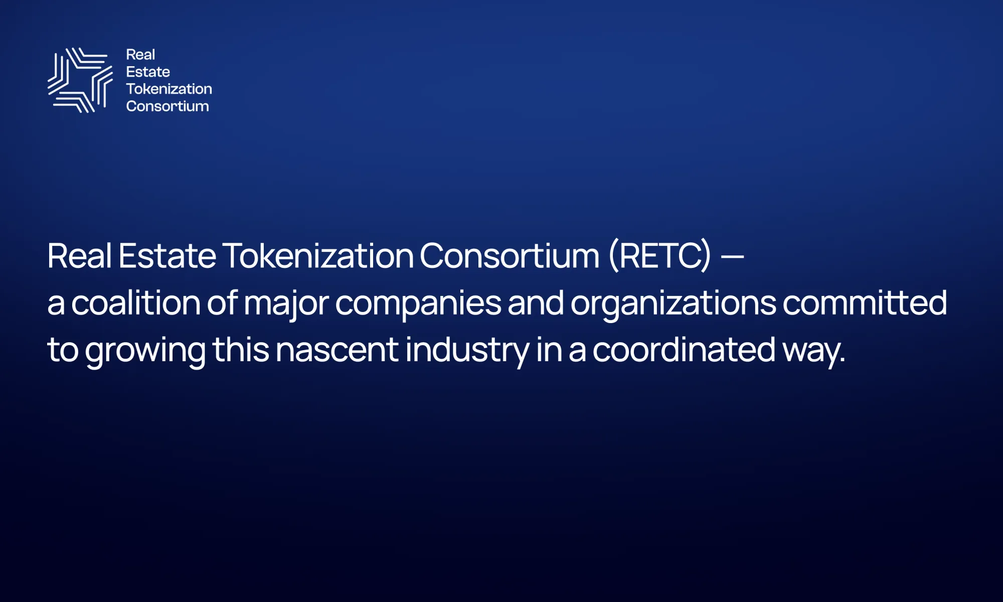 Real Estate Tokenization Consortium (RETC) logo and mission statement on a dark blue background.