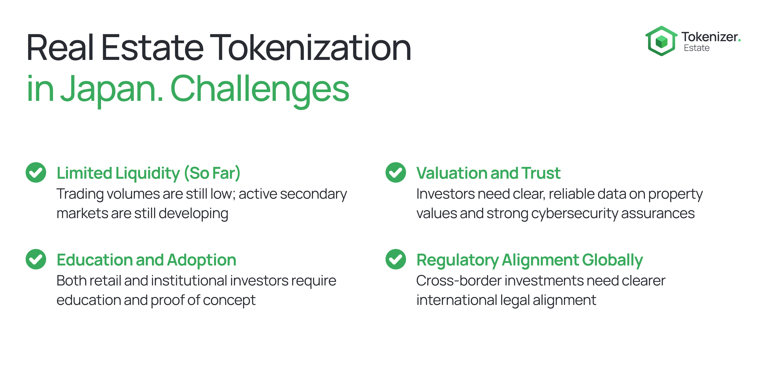 Infographic titled 'Real Estate Tokenization in Japan. Challenges' listing issues: limited liquidity, education and adoption, valuation and trust, and global regulatory alignment.