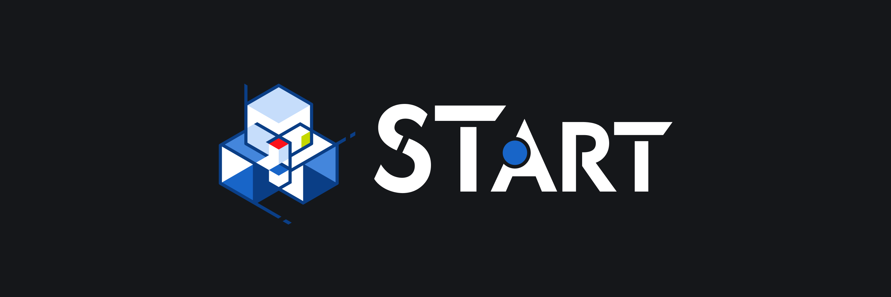 Logo for START by Osaka Digital Exchange featuring geometric blue cube shapes and bold white text 'START' with a blue dot inside the letter A, on a black background.