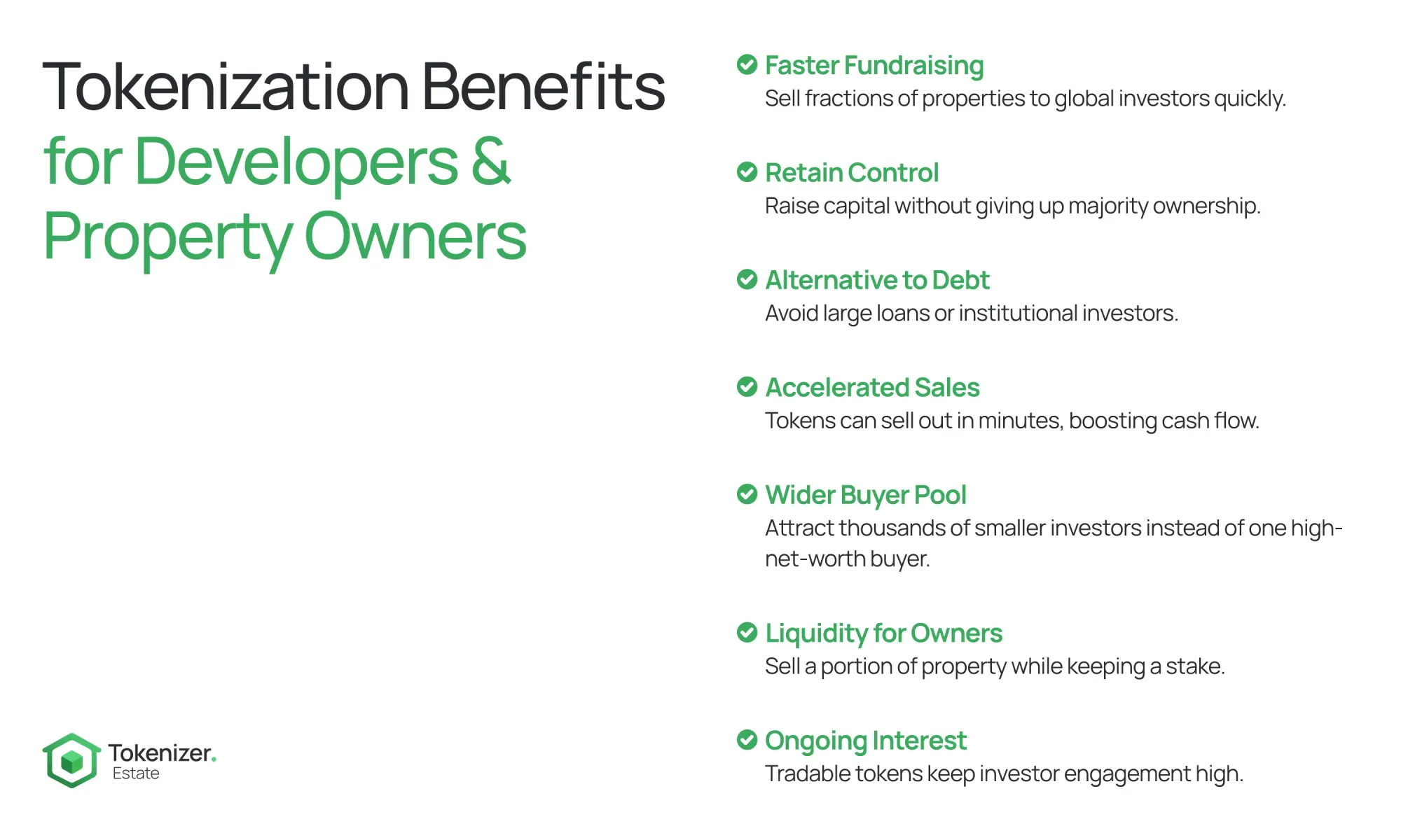 Infographic titled 'Tokenization Benefits for Developers & Property Owners' listing advantages such as faster fundraising, retaining control, alternative to debt, accelerated sales, wider buyer pool, liquidity for owners, and ongoing interest.