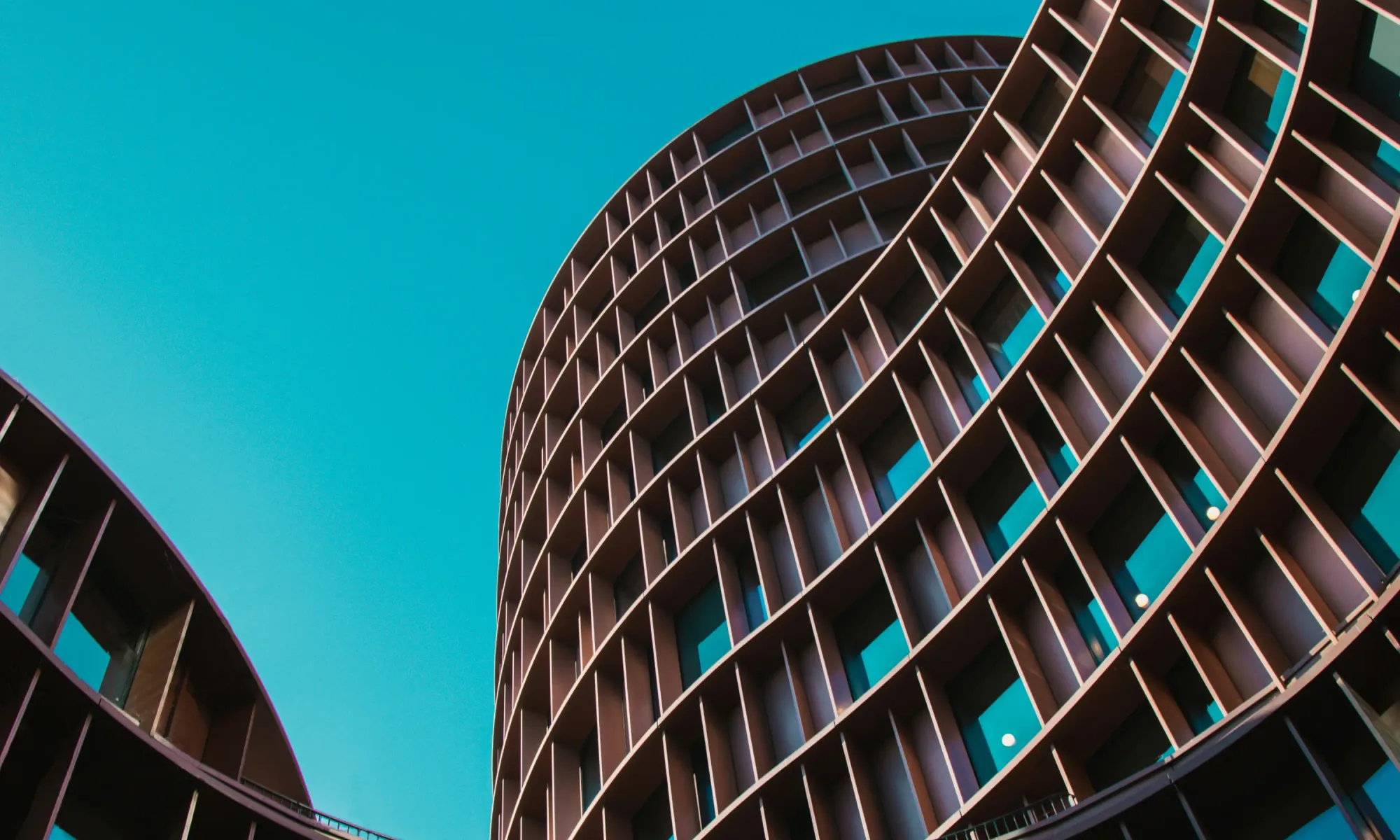 Contemporary curved office building with a striking grid-like design against a clear sky.