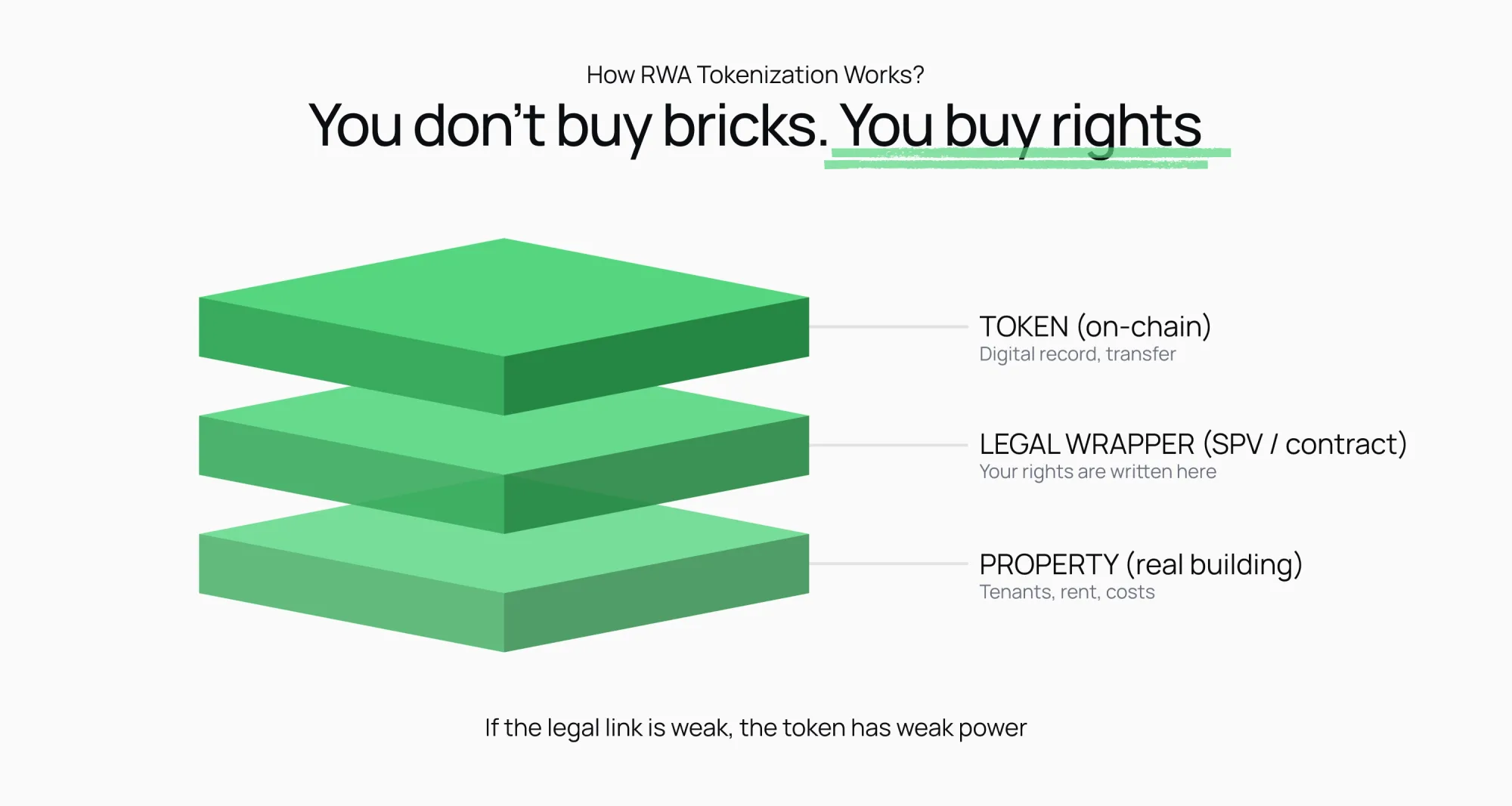 Infographic showing the 3-layer structure of real estate tokenization: property, legal wrapper, and on-chain token