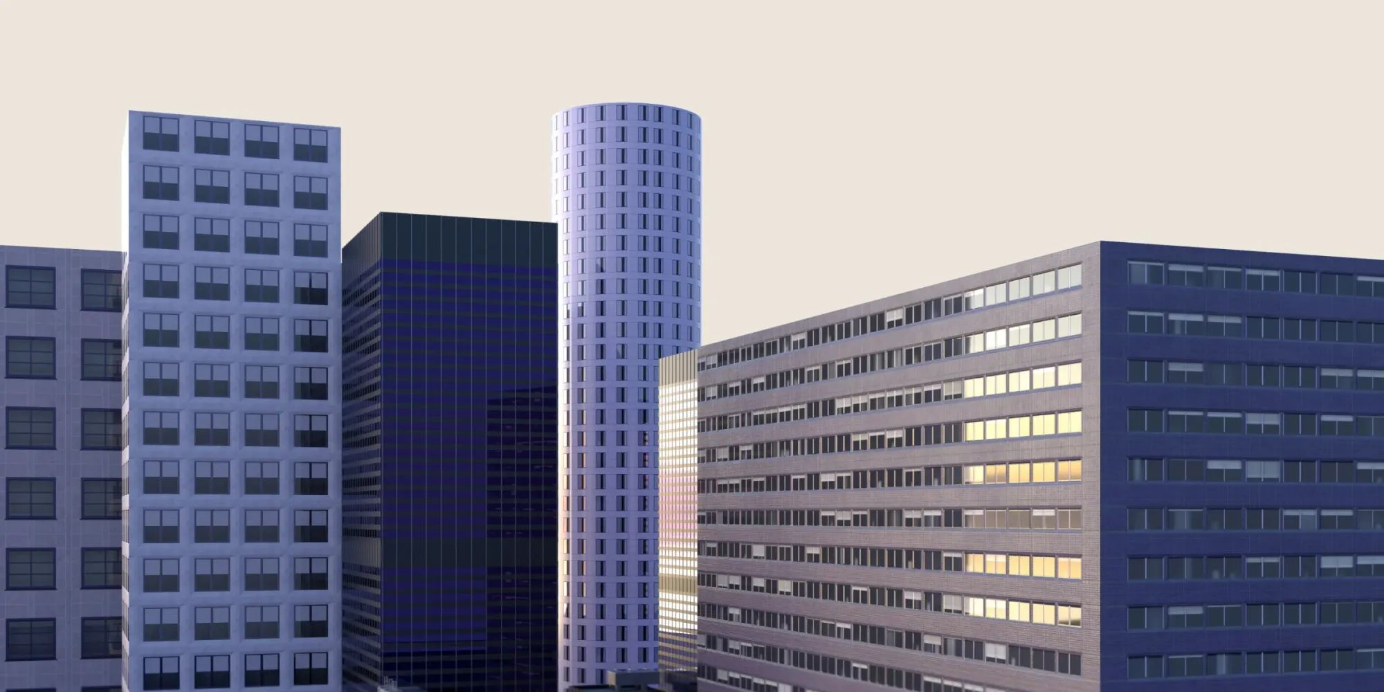 3D-rendered modern office buildings with square and cylindrical shapes, under a beige sky.