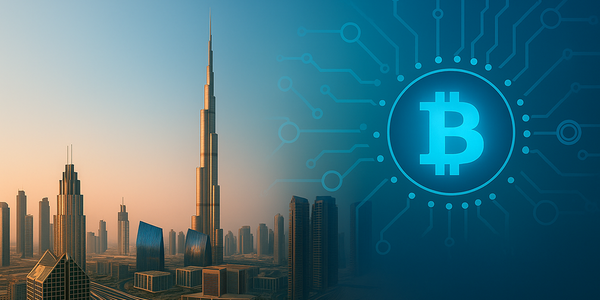 Dubai skyline with Burj Khalifa at sunset, blended with a digital Bitcoin symbol and blockchain circuit design.