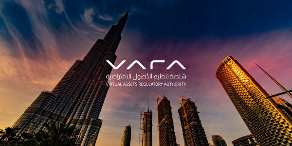 Dubai VARA logo superimposed on Downtown Dubai skyscrapers, symbolizing new real-estate token regulations