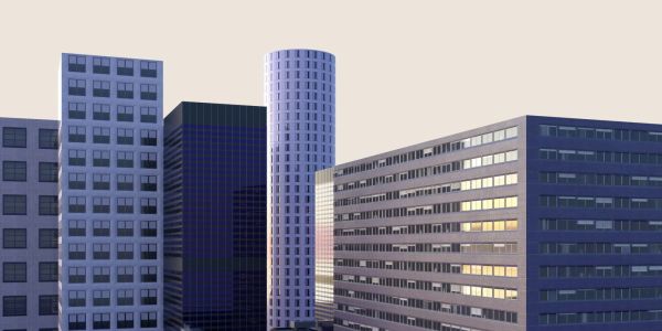 3D-rendered modern office buildings with square and cylindrical shapes, under a beige sky.