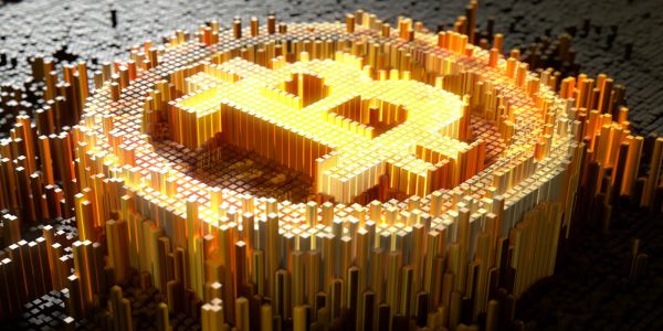 A 3D digital representation of the Bitcoin logo made from illuminated blocks.