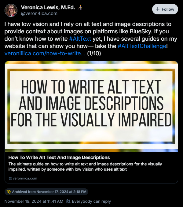 Screenshot of a BlueSky post from use @veron4ca.com with link to Alt Text guide.