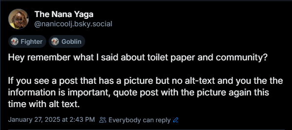 BlueSky post from user @nanicoolj.bsky.social about adding alt text to posts