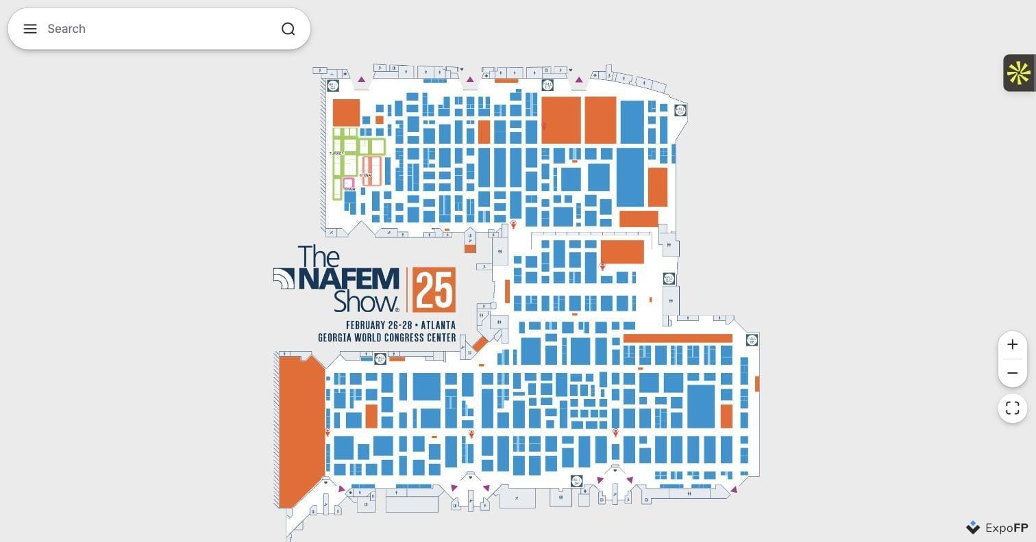 Interactive floor plan with entrance markers, restroom icons, and info points for wayfinding at The NAFEM Show 2025