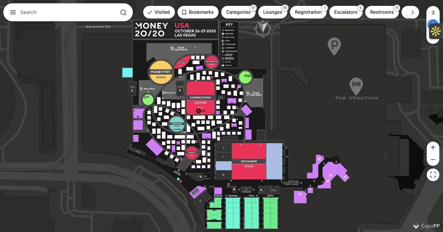Island booths and stage anchors spread across the Money20/20 USA expo floor at The Venetian