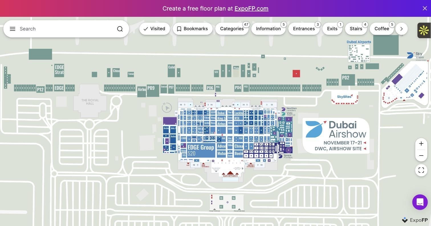 Interactive floor plan with category icons for entrances, exits, stairs, and coffee points at Dubai Airshow 2025