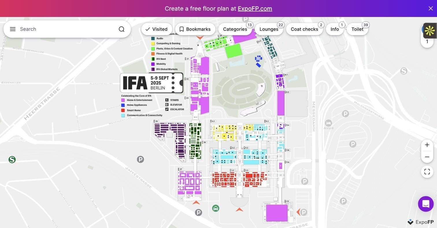 IFA Berlin 2025 floor plan — halls color-coded by product category at Messe Berlin with legend