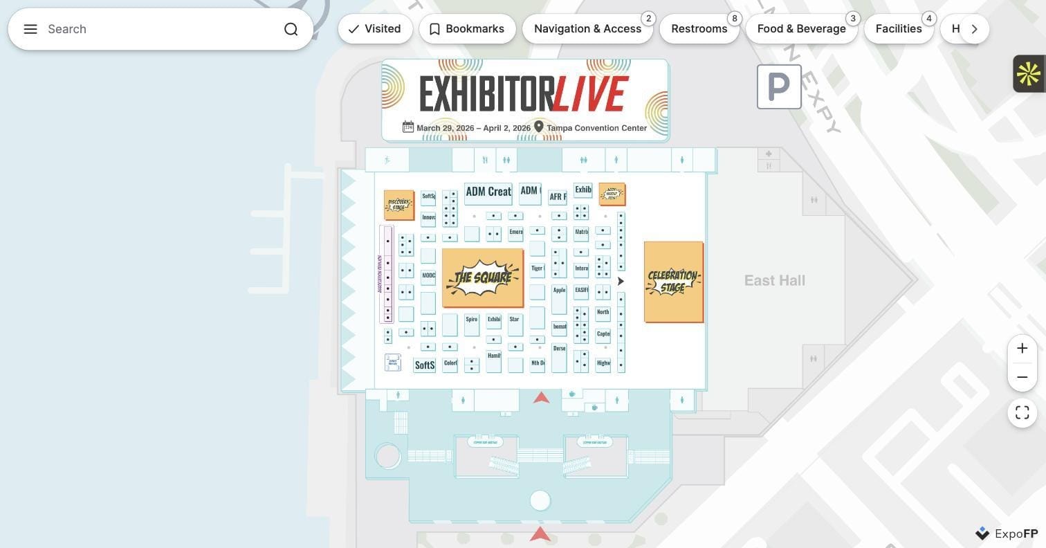 EXHIBITORLIVE 2026 trade show floor plan — grid layout with stage anchors at Tampa Convention Center