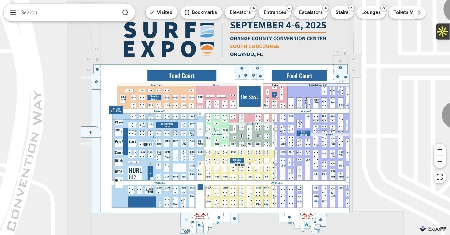 Trade show booth grid built on a consistent base unit — Surf Expo floor plan, Orange County Convention Center