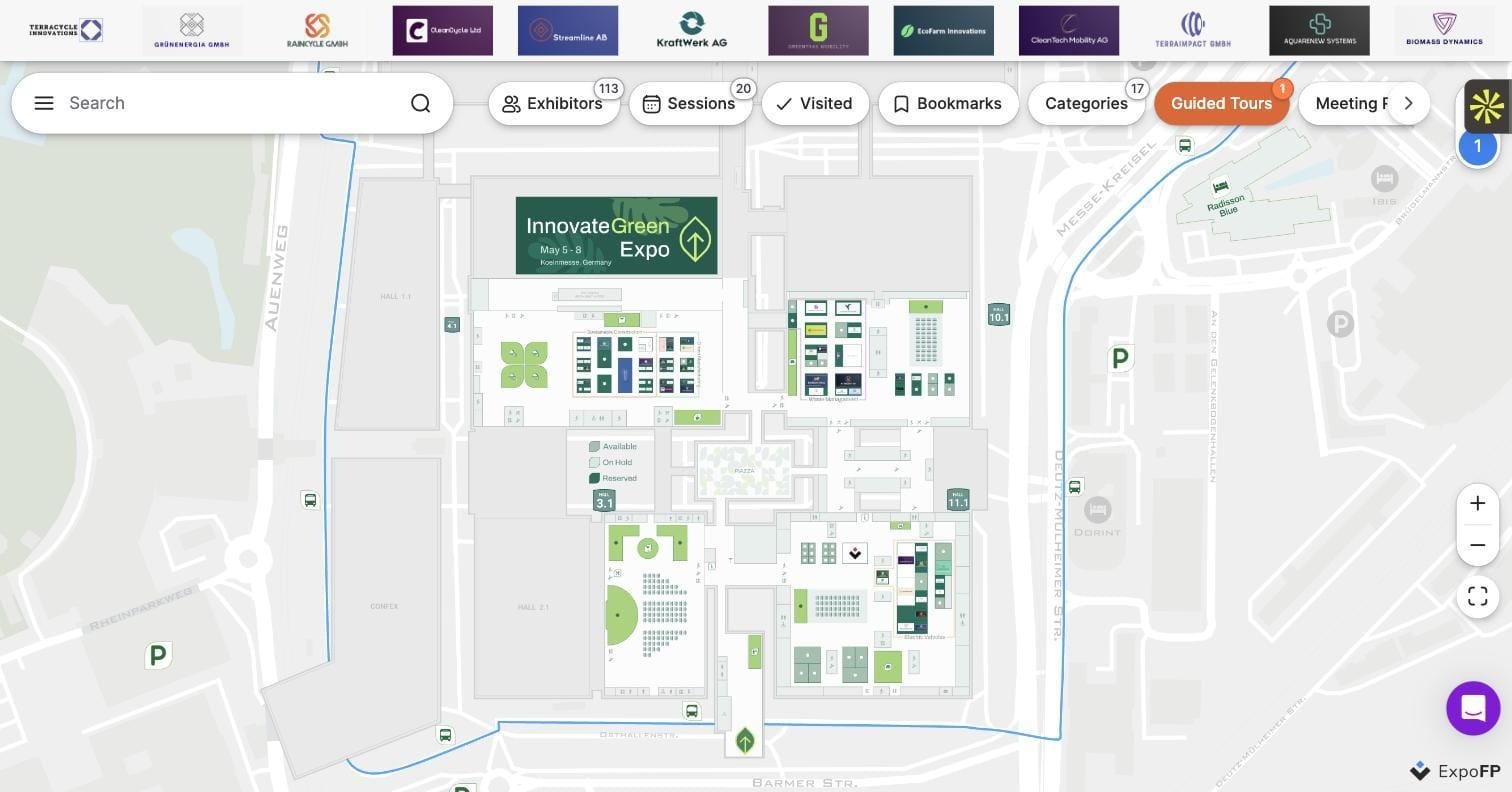 Interactive floor plan example — searchable event map with exhibitors, sessions and booth availability