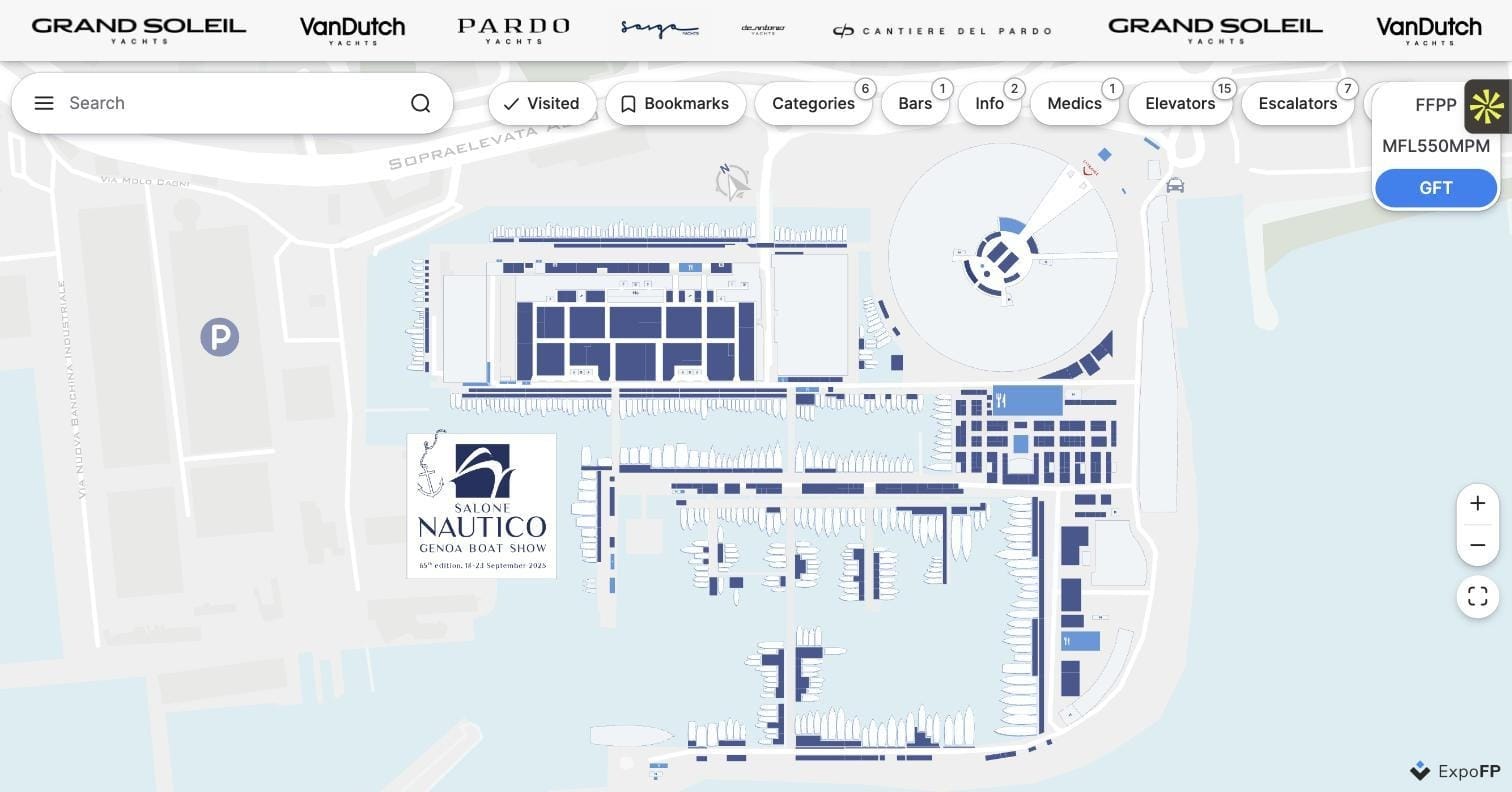 Salone Nautico Genoa boat show floor plan — piers, water berths and pavilions mapped as booths