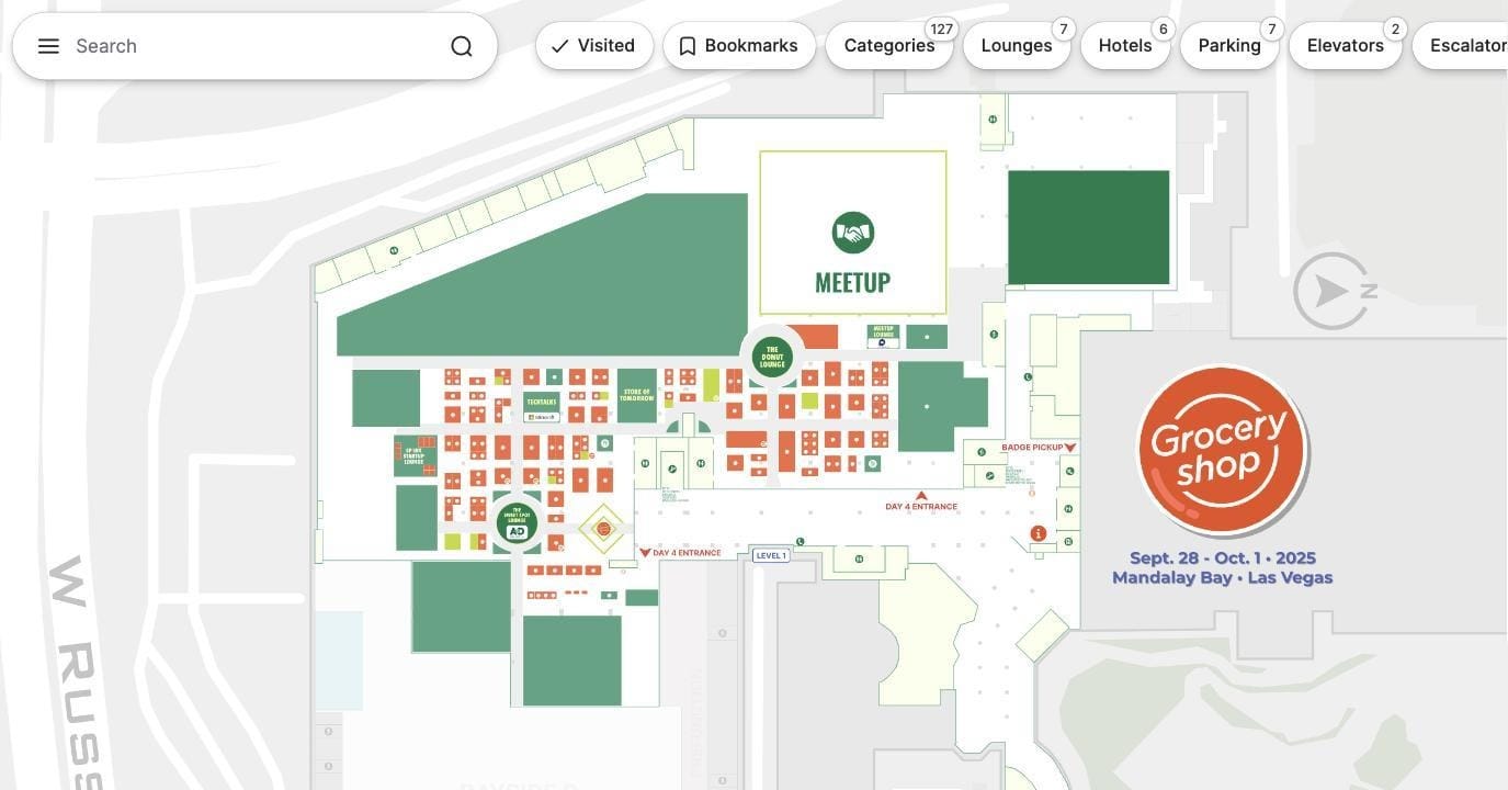 Interactive floor plan showing color-coded booth categories and real-time availability at Groceryshop 2025