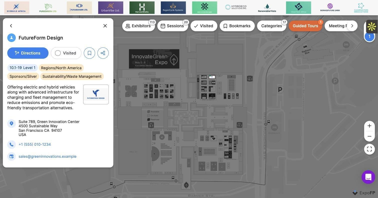Exhibitor card on an interactive event map — profile, booth number, categories, contacts and Directions button