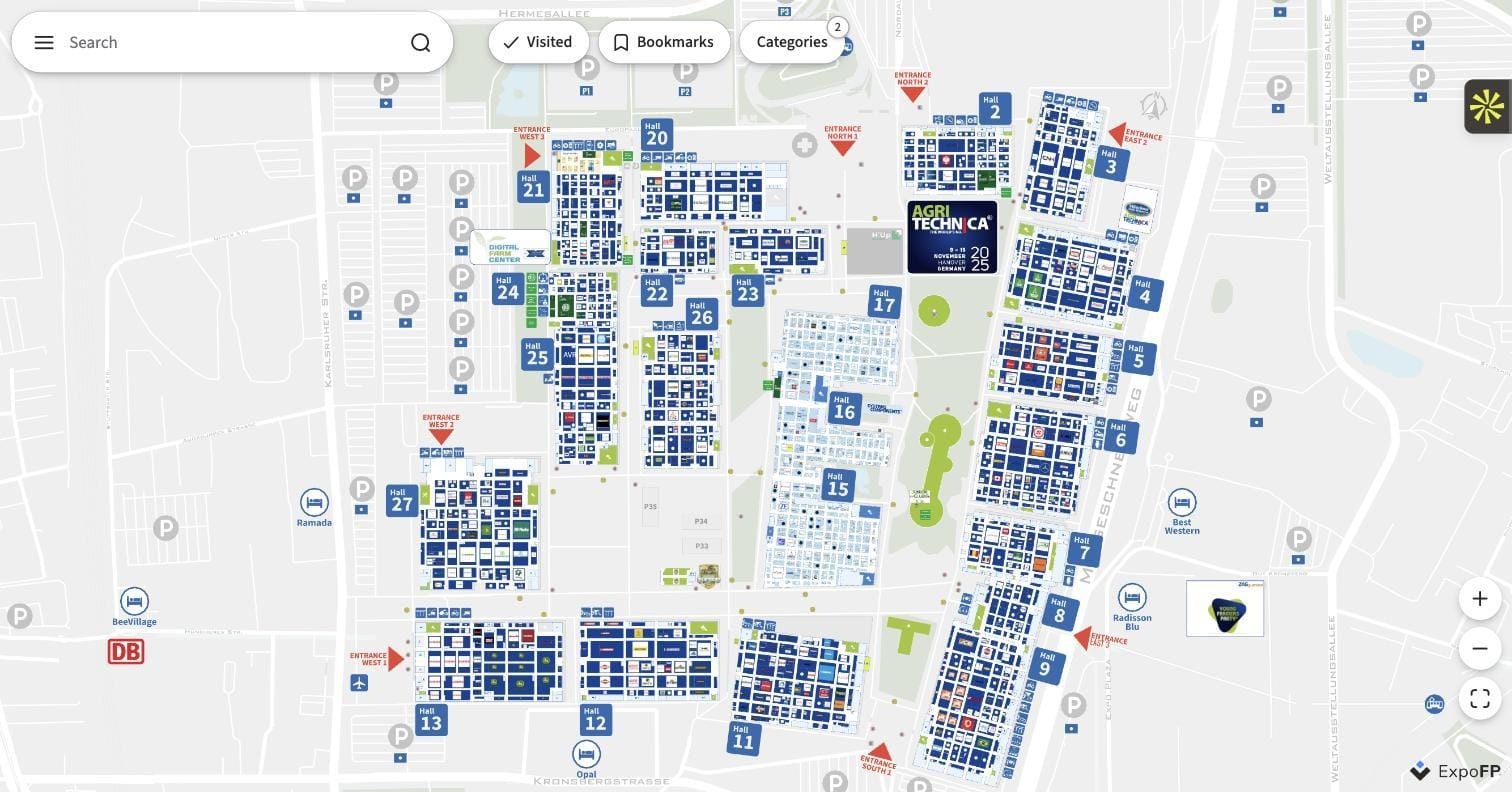 AGRITECHNICA 2025 floor plan example — 27-hall trade fair layout at Hannover Fairground with numbered entrances