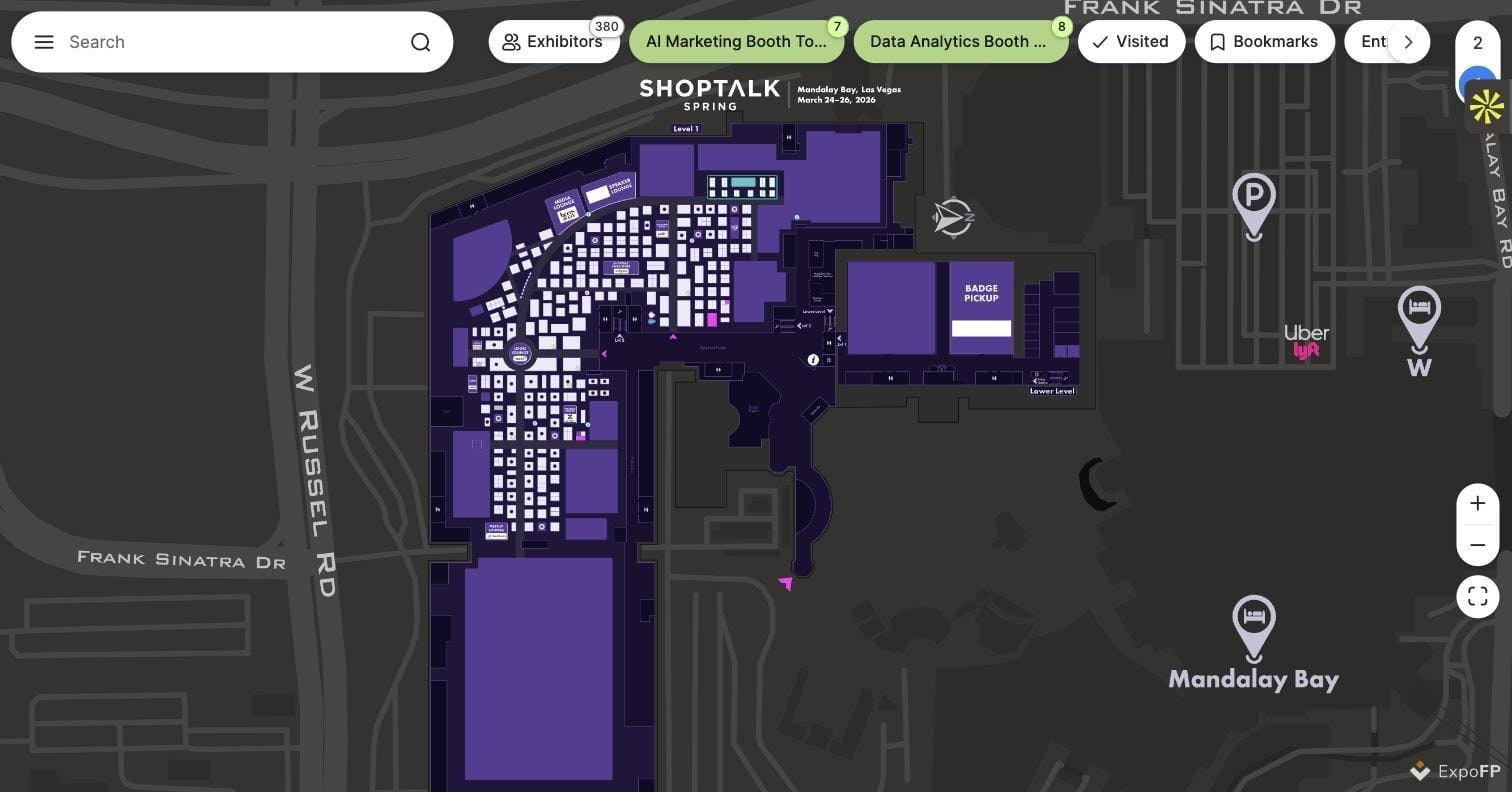 Interactive floor plan with a searchable exhibitor directory and category filter chips at Shoptalk Spring 2026