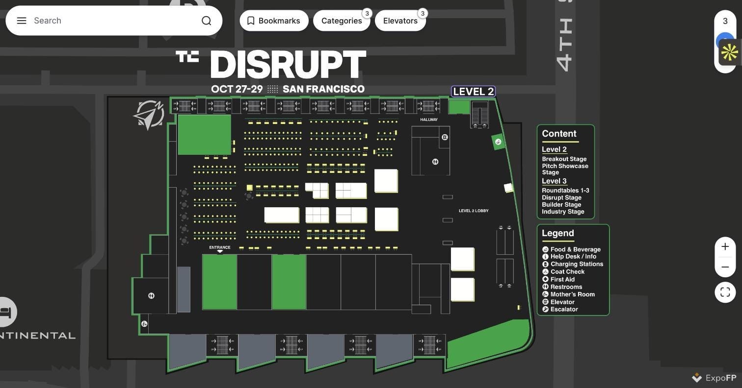 TechCrunch Disrupt 2025 floor plan — multi-level conference layout with stages and roundtables at Moscone West